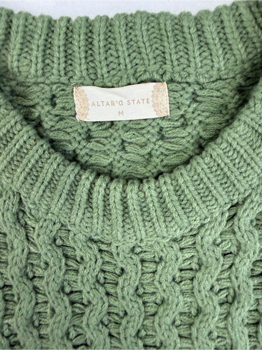 Altar'd State Sage Green Cable Knit Crewneck Sweater